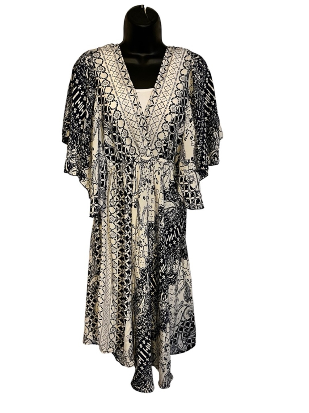 Navy and White Patterned V-Neck Midi Dress w/ Elastic Waist Tassel Tie Back NWT